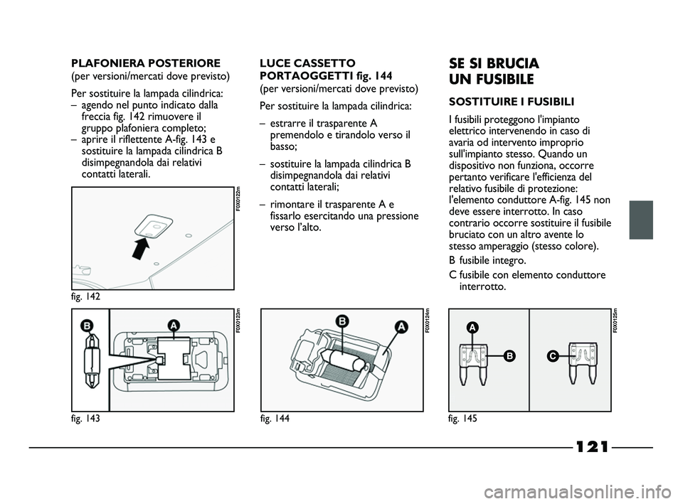 FIAT STRADA 2012 Libretto Uso Manutenzione (in Italian) 121
fig. 143
F0X0123m
fig. 142
F0X0122m
fig. 144
F0X0124m
fig. 145
F0X0125m
LUCE CASSETTO
PORTAOGGETTI fig. 144
(per versioni/mercati dove previsto)
Per sostituire la lampada cilindrica:
– estrarre FIAT STRADA 2012 Libretto Uso Manutenzione (in Italian) 121
fig. 143
F0X0123m
fig. 142
F0X0122m
fig. 144
F0X0124m
fig. 145
F0X0125m
LUCE CASSETTO
PORTAOGGETTI fig. 144
(per versioni/mercati dove previsto)
Per sostituire la lampada cilindrica:
– estrarre