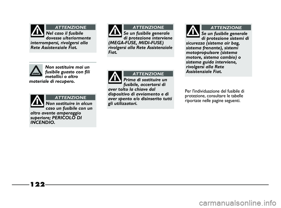 FIAT STRADA 2012 Libretto Uso Manutenzione (in Italian) 122
Se un fusibile generale
di protezione interviene
(MEGA-FUSE, MIDI-FUSE)
rivolgersi alla Rete Assistenziale
Fiat.
ATTENZIONE
Prima di sostituire un
fusibile, accertarsi di
aver tolto la chiave dal
FIAT STRADA 2012 Libretto Uso Manutenzione (in Italian) 122
Se un fusibile generale
di protezione interviene
(MEGA-FUSE, MIDI-FUSE)
rivolgersi alla Rete Assistenziale
Fiat.
ATTENZIONE
Prima di sostituire un
fusibile, accertarsi di
aver tolto la chiave dal