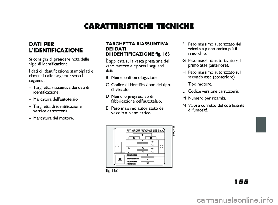 FIAT STRADA 2012  Libretto Uso Manutenzione (in Italian) CARATTERISTICHE TECNICHE
   
DATI PER
L’IDENTIFICAZIONE
Si consiglia di prendere nota delle
sigle di identificazione. 
I dati di identificazione stampigliati e
riportati dalle targhette sono i
segue