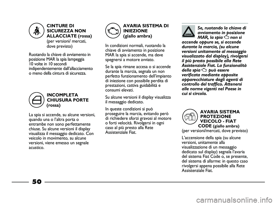 FIAT STRADA 2012 Libretto Uso Manutenzione (in Italian) Se, ruotando la chiave di
avviamento in posizione
MAR, la spia
Unon si
accende oppure se, si accende
durante la marcia, (su alcune
versioni unitamente al messaggio
visualizzato dal display), rivolger FIAT STRADA 2012 Libretto Uso Manutenzione (in Italian) Se, ruotando la chiave di
avviamento in posizione
MAR, la spia
Unon si
accende oppure se, si accende
durante la marcia, (su alcune
versioni unitamente al messaggio
visualizzato dal display), rivolger