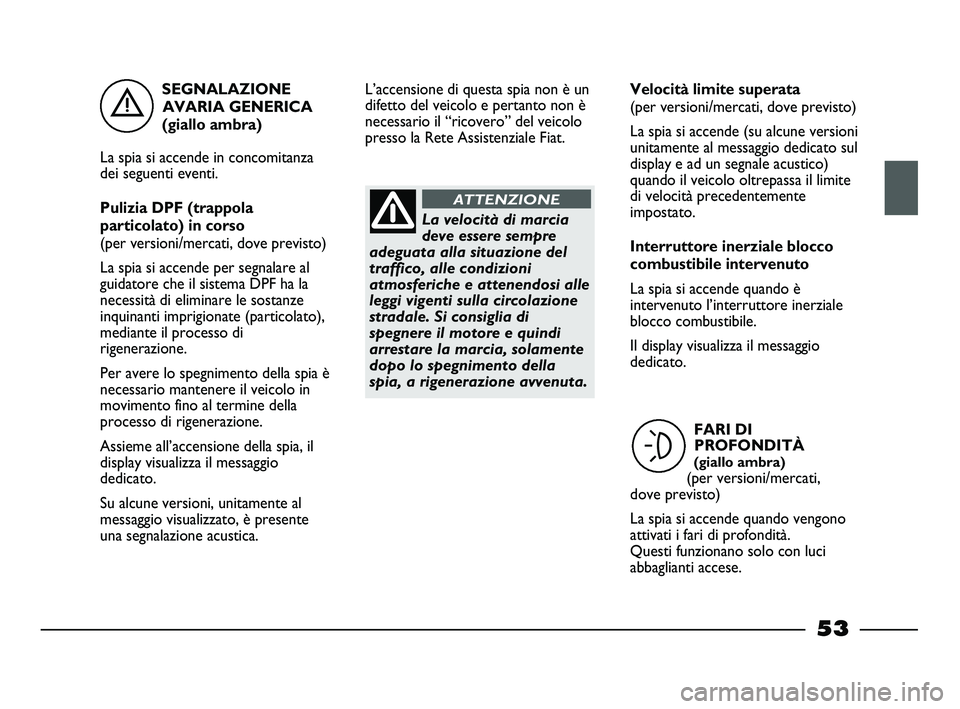 FIAT STRADA 2012 Libretto Uso Manutenzione (in Italian) SEGNALAZIONE
AVARIA GENERICA
(giallo ambra)
La spia si accende in concomitanza
dei seguenti eventi.
Pulizia DPF (trappola
particolato) in corso
(per versioni/mercati, dove previsto)
La spia si accende FIAT STRADA 2012 Libretto Uso Manutenzione (in Italian) SEGNALAZIONE
AVARIA GENERICA
(giallo ambra)
La spia si accende in concomitanza
dei seguenti eventi.
Pulizia DPF (trappola
particolato) in corso
(per versioni/mercati, dove previsto)
La spia si accende