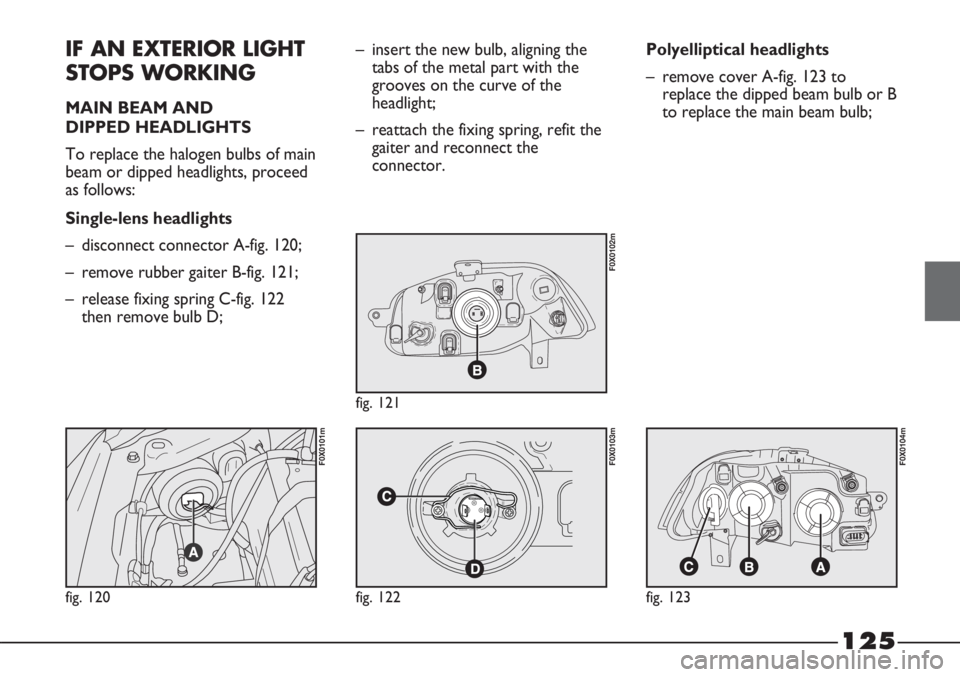 FIAT STRADA 2011 Owner handbook (in English) 125
IF AN EXTERIOR LIGHT
STOPS WORKING
MAIN BEAM AND
DIPPED HEADLIGHTS
To replace the halogen bulbs of main
beam or dipped headlights, proceed
as follows:
Single-lens headlights
– disconnect connec FIAT STRADA 2011 Owner handbook (in English) 125
IF AN EXTERIOR LIGHT
STOPS WORKING
MAIN BEAM AND
DIPPED HEADLIGHTS
To replace the halogen bulbs of main
beam or dipped headlights, proceed
as follows:
Single-lens headlights
– disconnect connec