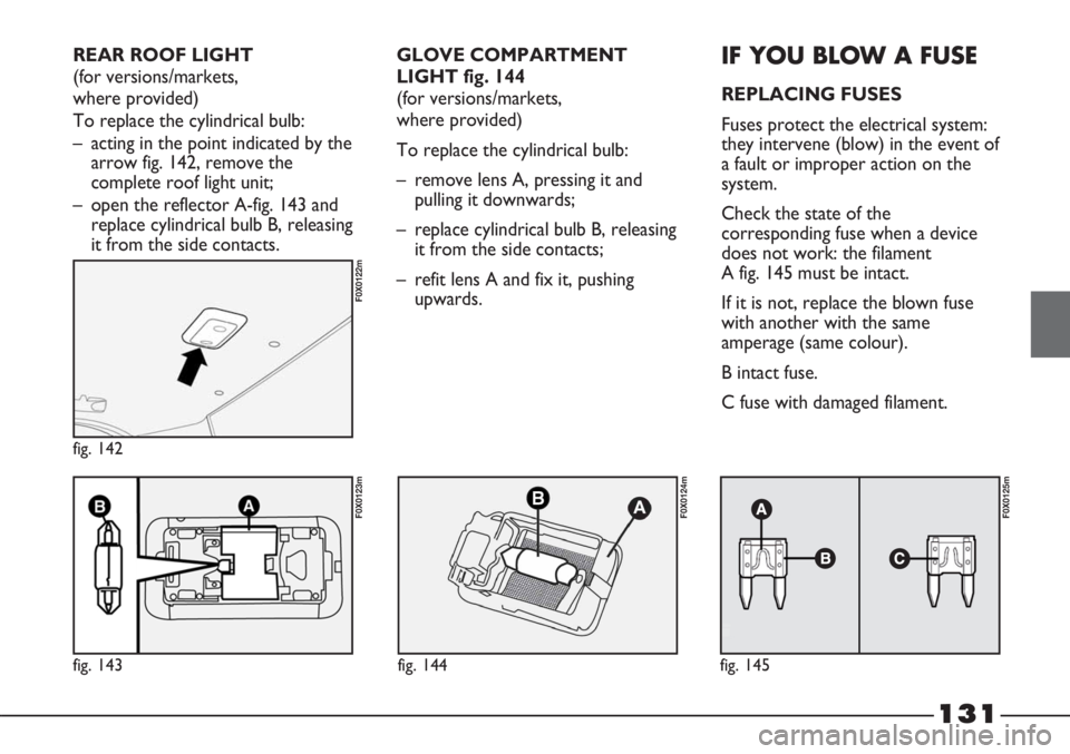 FIAT STRADA 2011 Owner handbook (in English) 131
fig. 143
F0X0123m
fig. 142
F0X0122m
fig. 144
F0X0124m
fig. 145
F0X0125m
GLOVE COMPARTMENT
LIGHT fig. 144
(for versions/markets,
where provided)
To replace the cylindrical bulb:
– remove lens A FIAT STRADA 2011 Owner handbook (in English) 131
fig. 143
F0X0123m
fig. 142
F0X0122m
fig. 144
F0X0124m
fig. 145
F0X0125m
GLOVE COMPARTMENT
LIGHT fig. 144
(for versions/markets,
where provided)
To replace the cylindrical bulb:
– remove lens A