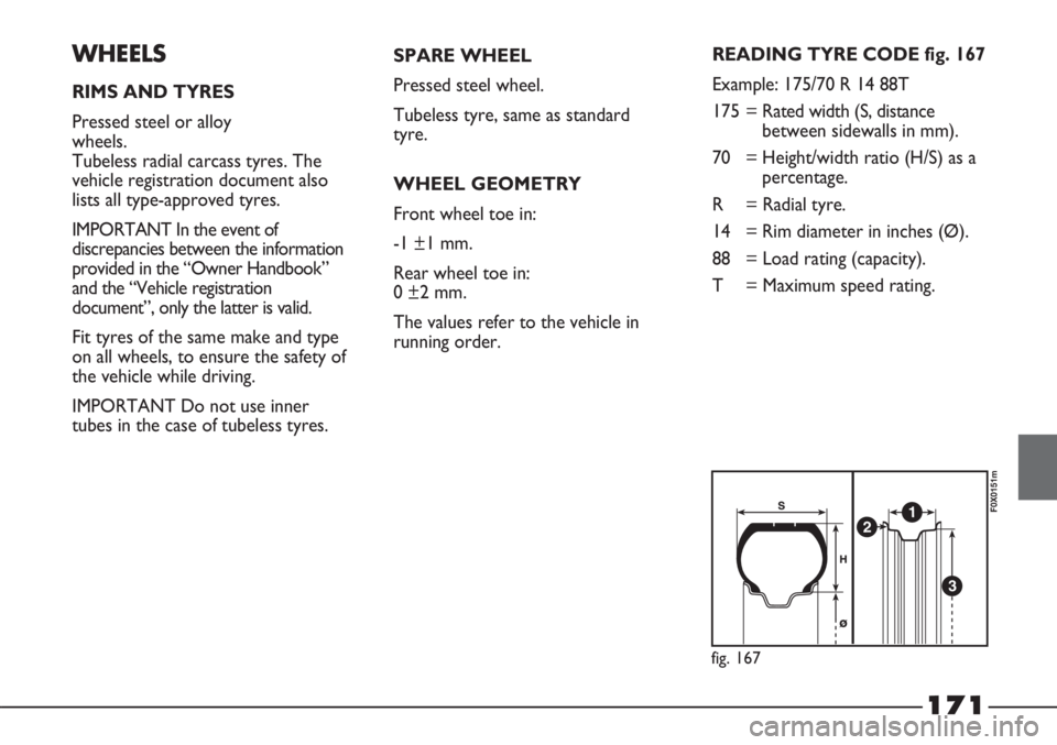 FIAT STRADA 2011  Owner handbook (in English) 171
WHEELS
RIMS AND TYRES
Pressed steel or alloy 
wheels. 
Tubeless radial carcass tyres. The
vehicle registration document also
lists all type-approved tyres.
IMPORTANT In the event of
discrepancies 