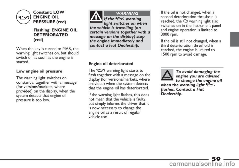 FIAT STRADA 2011 Owner handbook (in English) Constant: LOW
ENGINE OIL
PRESSURE (red)
Flashing: ENGINE OIL
DETERIORATED
(red)
When the key is turned to MAR, the
warning light switches on, but should
switch off as soon as the engine is
started.
Lo FIAT STRADA 2011 Owner handbook (in English) Constant: LOW
ENGINE OIL
PRESSURE (red)
Flashing: ENGINE OIL
DETERIORATED
(red)
When the key is turned to MAR, the
warning light switches on, but should
switch off as soon as the engine is
started.
Lo