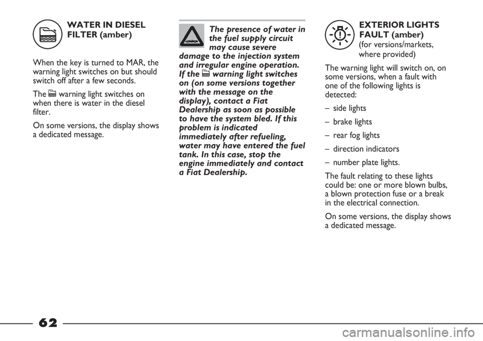 FIAT STRADA 2011  Owner handbook (in English) EXTERIOR LIGHTS
FAULT (amber)
(for versions/markets,
where provided)
The warning light will switch on, on
some versions, when a fault with
one of the following lights is
detected:
– side lights
– 