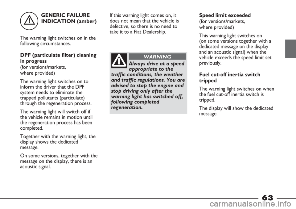 FIAT STRADA 2011 Owner handbook (in English) GENERIC FAILURE
INDICATION (amber)
The warning light switches on in the
following circumstances.
DPF (particulate filter) cleaning
in progress
(for versions/markets,
where provided)
The warning light FIAT STRADA 2011 Owner handbook (in English) GENERIC FAILURE
INDICATION (amber)
The warning light switches on in the
following circumstances.
DPF (particulate filter) cleaning
in progress
(for versions/markets,
where provided)
The warning light