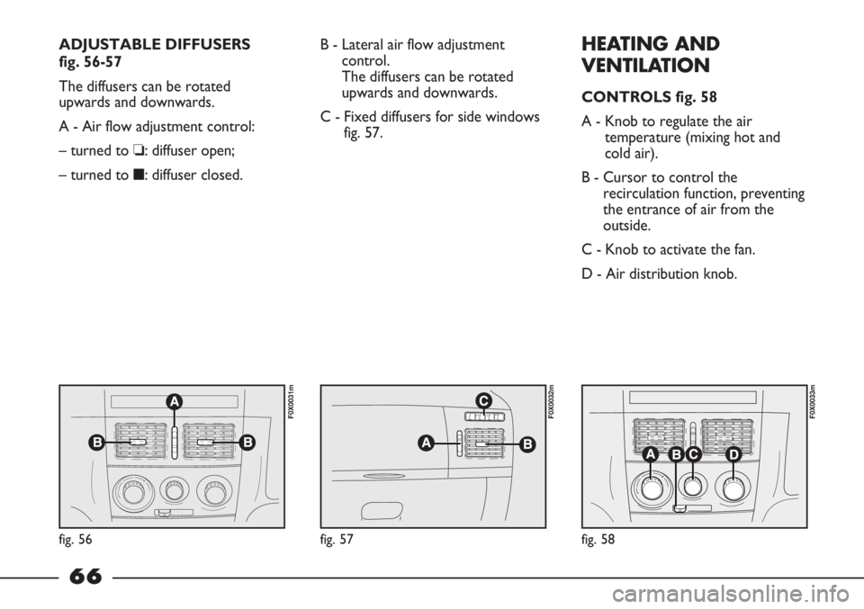 FIAT STRADA 2011 Owner handbook (in English) ADJUSTABLE DIFFUSERS
fig. 56-57
The diffusers can be rotated
upwards and downwards.
A - Air flow adjustment control:
– turned to ❏: diffuser open;
– turned to ■: diffuser closed.B - Lateral ai FIAT STRADA 2011 Owner handbook (in English) ADJUSTABLE DIFFUSERS
fig. 56-57
The diffusers can be rotated
upwards and downwards.
A - Air flow adjustment control:
– turned to ❏: diffuser open;
– turned to ■: diffuser closed.B - Lateral ai
