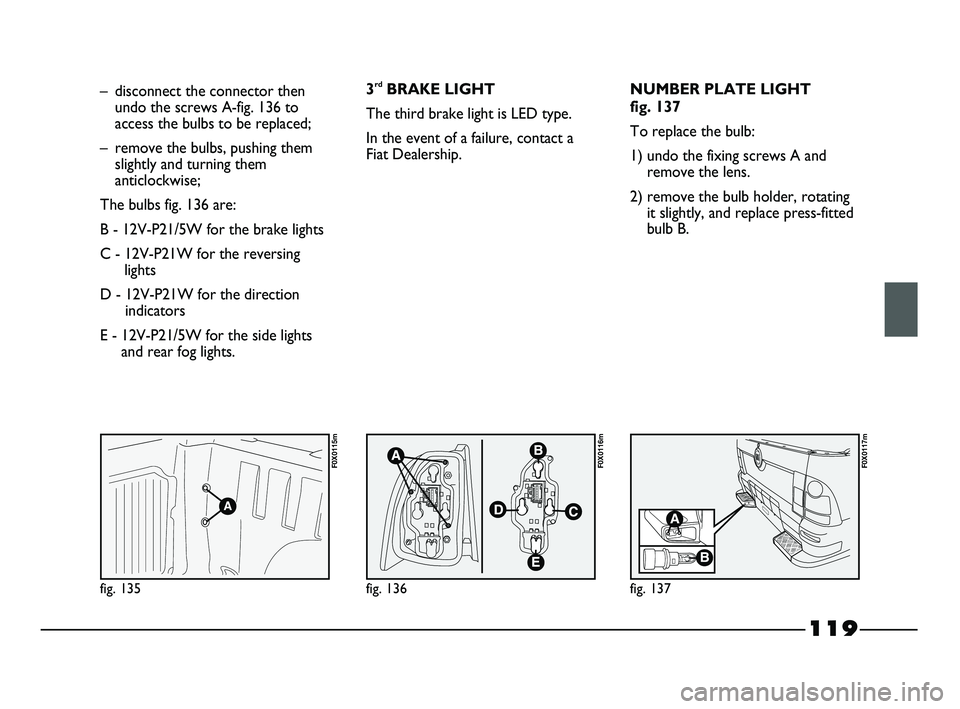 FIAT STRADA 2014 Owner handbook (in English) 119
fig. 135
F0X0115m
fig. 136
F0X0116m
fig. 137
F0X0117m
– disconnect the connector then
undo the screws A-fig. 136 to
access the bulbs to be replaced;
– remove the bulbs, pushing them
slightly a FIAT STRADA 2014 Owner handbook (in English) 119
fig. 135
F0X0115m
fig. 136
F0X0116m
fig. 137
F0X0117m
– disconnect the connector then
undo the screws A-fig. 136 to
access the bulbs to be replaced;
– remove the bulbs, pushing them
slightly a