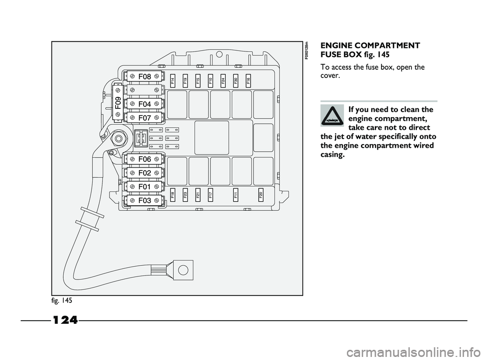 FIAT STRADA 2012 Owner handbook (in English) 124
ENGINE COMPARTMENT
FUSE BOX fig. 145
To access the fuse box, open the
cover.
fig. 145
F0X0128m
If you need to clean the
engine compartment,
take care not to direct
the jet of water specifically on FIAT STRADA 2012 Owner handbook (in English) 124
ENGINE COMPARTMENT
FUSE BOX fig. 145
To access the fuse box, open the
cover.
fig. 145
F0X0128m
If you need to clean the
engine compartment,
take care not to direct
the jet of water specifically on