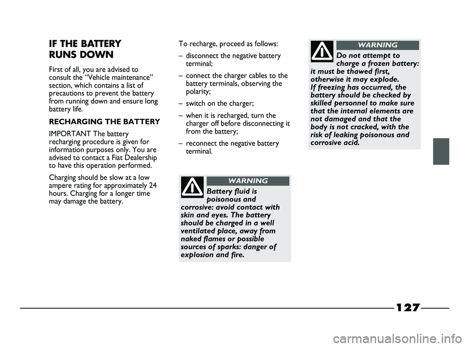 FIAT STRADA 2013  Owner handbook (in English) 127
IF THE BATTERY 
RUNS DOWN
First of all, you are advised to
consult the “Vehicle maintenance”
section, which contains a list of
precautions to prevent the battery
from running down and ensure l