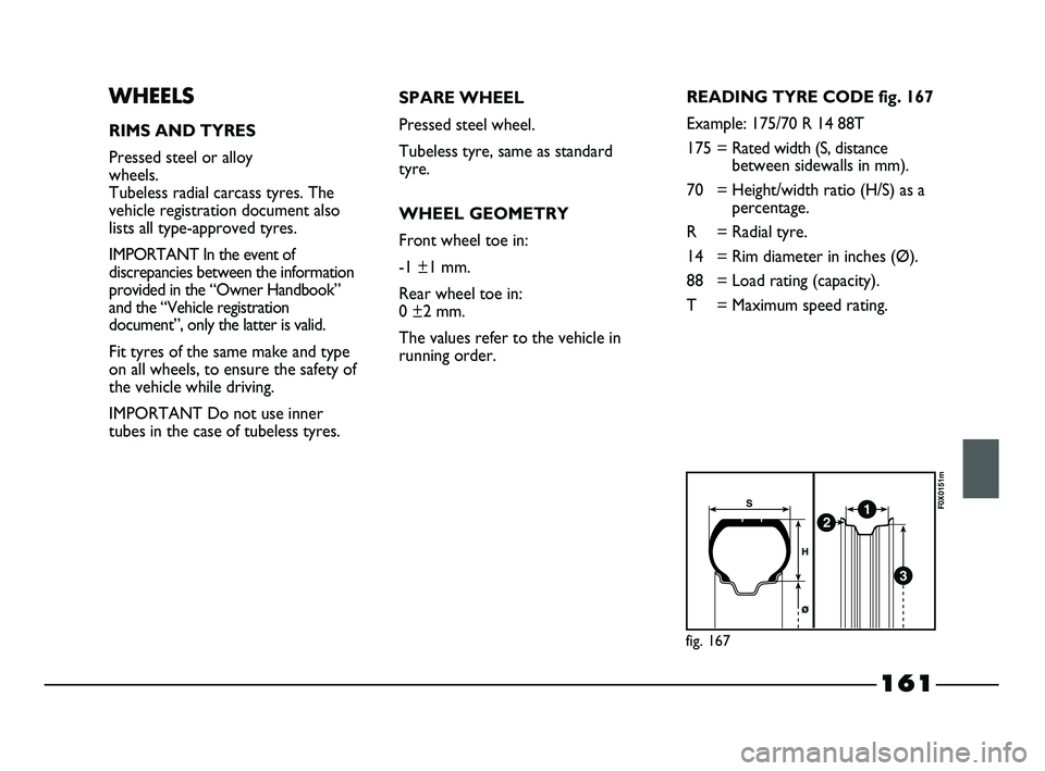 FIAT STRADA 2012 Owner handbook (in English) 161
WHEELS
RIMS AND TYRES
Pressed steel or alloy
wheels.
Tubeless radial carcass tyres. The
vehicle registration document also
lists all type-approved tyres.
IMPORTANT In the event of
discrepancies FIAT STRADA 2012 Owner handbook (in English) 161
WHEELS
RIMS AND TYRES
Pressed steel or alloy
wheels.
Tubeless radial carcass tyres. The
vehicle registration document also
lists all type-approved tyres.
IMPORTANT In the event of
discrepancies