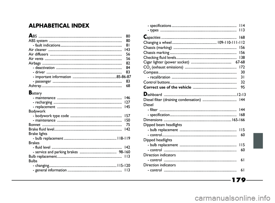 FIAT STRADA 2015 Owner handbook (in English) 179
ALPHABETICAL INDEX
ABS ............................................................................................... 80
ABS system ............................................................... FIAT STRADA 2015 Owner handbook (in English) 179
ALPHABETICAL INDEX
ABS ............................................................................................... 80
ABS system ...............................................................