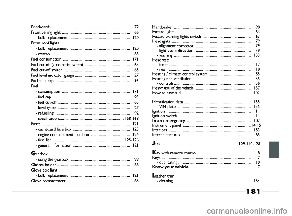 FIAT STRADA 2014  Owner handbook (in English) Footboards..................................................................................... 79
Front ceiling light ......................................................................... 66
- bu