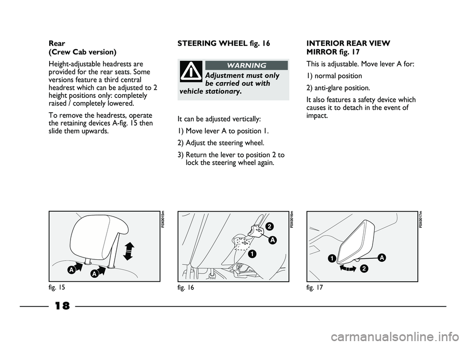 FIAT STRADA 2013  Owner handbook (in English) 18
INTERIOR REAR VIEW
MIRROR fig. 17
This is adjustable. Move lever A for:
1) normal position
2) anti-glare position.
It also features a safety device which
causes it to detach in the event of
impact.