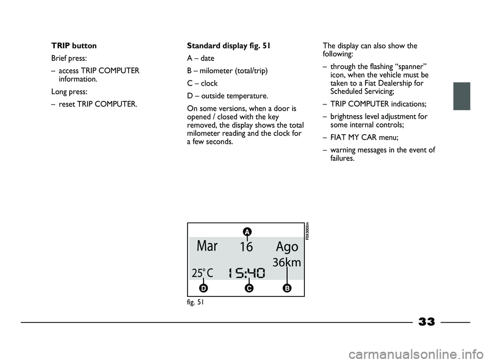 FIAT STRADA 2015 Owner handbook (in English) 33
TRIP button
Brief press:
– access TRIP COMPUTER
information.
Long press:
– reset TRIP COMPUTER.Standard display fig. 51
A – date
B – milometer (total/trip)
C – clock
D – outside tempera FIAT STRADA 2015 Owner handbook (in English) 33
TRIP button
Brief press:
– access TRIP COMPUTER
information.
Long press:
– reset TRIP COMPUTER.Standard display fig. 51
A – date
B – milometer (total/trip)
C – clock
D – outside tempera