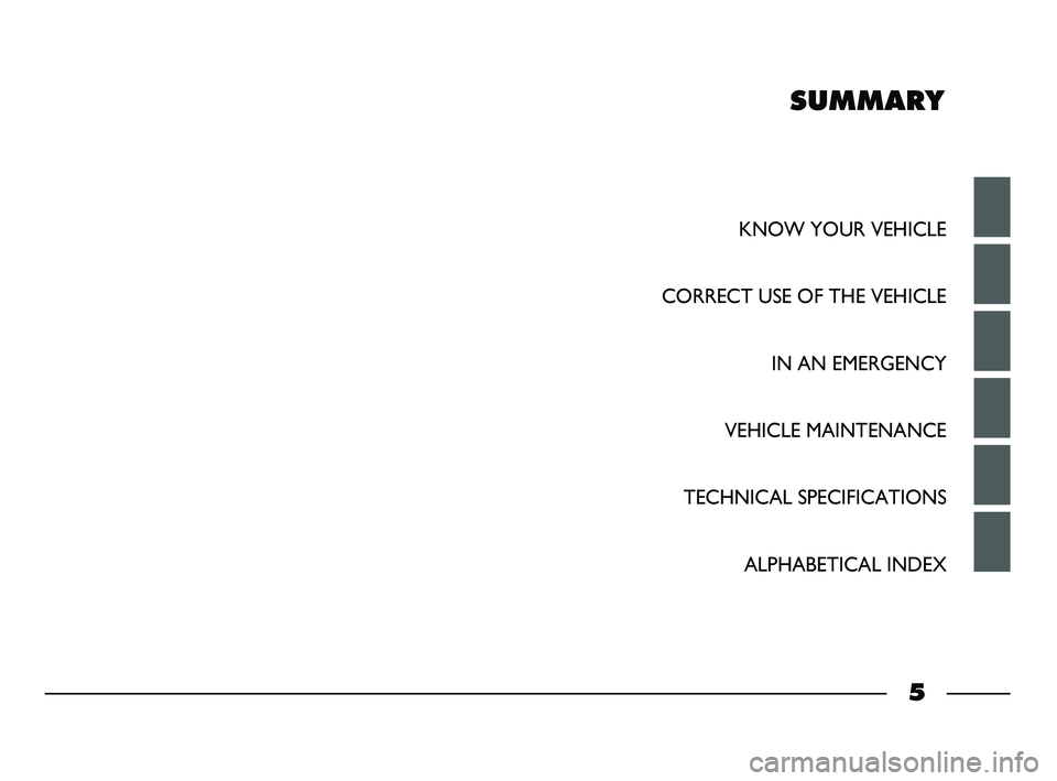 FIAT STRADA 2014 Owner handbook (in English) SUMMARY
KNOW YOUR VEHICLE
CORRECT USE OF THE VEHICLE
IN AN EMERGENCY
VEHICLE MAINTENANCE
TECHNICAL SPECIFICATIONS
ALPHABETICAL INDEX
5
001-006 STRADA LUM GB 1ed 9-01-2012 14:48 Pagina 5 FIAT STRADA 2014 Owner handbook (in English) SUMMARY
KNOW YOUR VEHICLE
CORRECT USE OF THE VEHICLE
IN AN EMERGENCY
VEHICLE MAINTENANCE
TECHNICAL SPECIFICATIONS
ALPHABETICAL INDEX
5
001-006 STRADA LUM GB 1ed 9-01-2012 14:48 Pagina 5