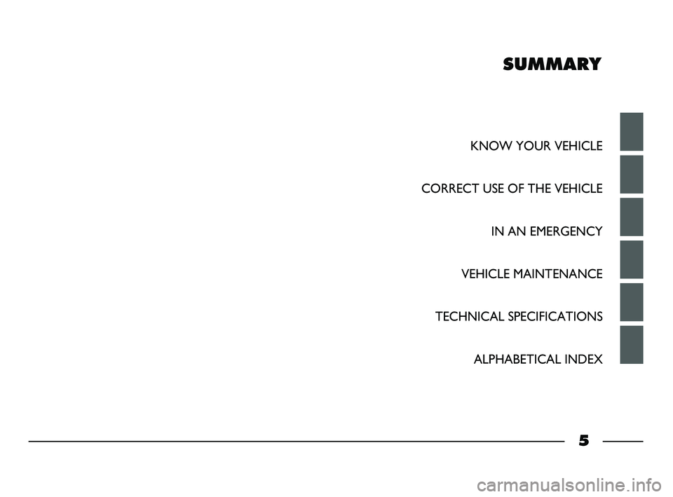 FIAT STRADA 2015  Owner handbook (in English) SUMMARY
KNOW YOUR VEHICLE
CORRECT USE OF THE VEHICLE
IN AN EMERGENCY
VEHICLE MAINTENANCE
TECHNICAL SPECIFICATIONS
ALPHABETICAL INDEX
5
001-006 STRADA LUM GB 1ed  9-01-2012  14:48  Pagina 5 