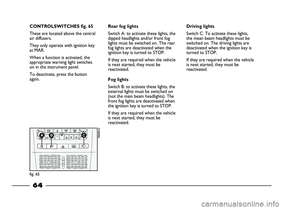FIAT STRADA 2014 Owner handbook (in English) CONTROLSWITCHES fig. 65
These are located above the central
air diffusers.
They only operate with ignition key
at MAR.
When a function is activated, the
appropriate warning light switches
on in the i FIAT STRADA 2014 Owner handbook (in English) CONTROLSWITCHES fig. 65
These are located above the central
air diffusers.
They only operate with ignition key
at MAR.
When a function is activated, the
appropriate warning light switches
on in the i