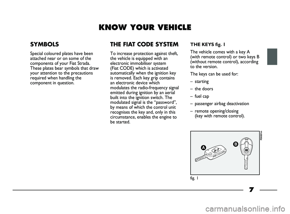 FIAT STRADA 2014 Owner handbook (in English) 7
KNOW YOUR VEHICLE
SYMBOLS
Special coloured plates have been
attached near or on some of the
components of your Fiat Strada.
These plates bear symbols that draw
your attention to the precautions
requ FIAT STRADA 2014 Owner handbook (in English) 7
KNOW YOUR VEHICLE
SYMBOLS
Special coloured plates have been
attached near or on some of the
components of your Fiat Strada.
These plates bear symbols that draw
your attention to the precautions
requ