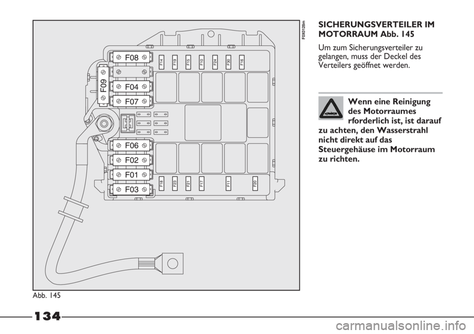 FIAT STRADA 2011 Betriebsanleitung (in German) 134
SICHERUNGSVERTEILER IM
MOTORRAUM Abb. 145
Um zum Sicherungsverteiler zu
gelangen, muss der Deckel des
Verteilers geöffnet werden.
Abb. 145
F0X0128m
Wenn eine Reinigung
des Motorraumes
rforderlich FIAT STRADA 2011 Betriebsanleitung (in German) 134
SICHERUNGSVERTEILER IM
MOTORRAUM Abb. 145
Um zum Sicherungsverteiler zu
gelangen, muss der Deckel des
Verteilers geöffnet werden.
Abb. 145
F0X0128m
Wenn eine Reinigung
des Motorraumes
rforderlich