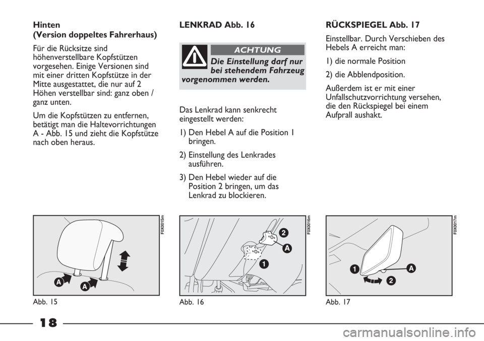 FIAT STRADA 2011 Betriebsanleitung (in German) 18
RÜCKSPIEGEL Abb. 17
Einstellbar. Durch Verschieben des
Hebels A erreicht man:
1) die normale Position
2) die Abblendposition.
Außerdem ist er mit einer
Unfallschutzvorrichtung versehen,
die den R FIAT STRADA 2011 Betriebsanleitung (in German) 18
RÜCKSPIEGEL Abb. 17
Einstellbar. Durch Verschieben des
Hebels A erreicht man:
1) die normale Position
2) die Abblendposition.
Außerdem ist er mit einer
Unfallschutzvorrichtung versehen,
die den R