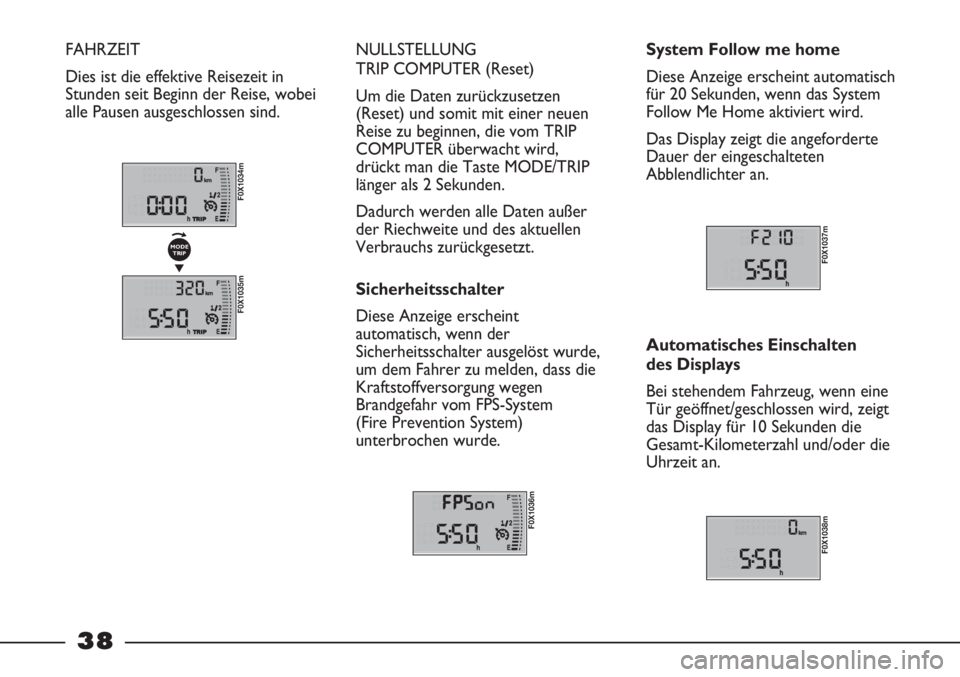 FIAT STRADA 2011  Betriebsanleitung (in German) 38
FAHRZEIT
Dies ist die effektive Reisezeit in
Stunden seit Beginn der Reise, wobei
alle Pausen ausgeschlossen sind. NULLSTELLUNG 
TRIP COMPUTER (Reset)
Um die Daten zurückzusetzen
(Reset) und somit