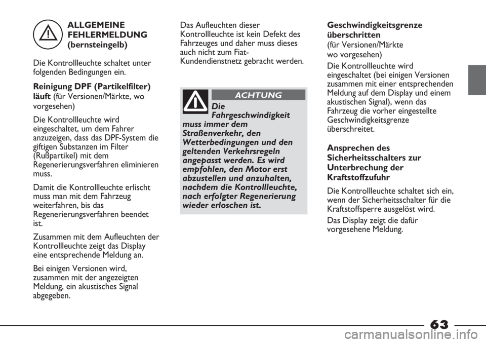 FIAT STRADA 2011  Betriebsanleitung (in German) ALLGEMEINE
FEHLERMELDUNG
(bernsteingelb)
Die Kontrollleuchte schaltet unter
folgenden Bedingungen ein.
Reinigung DPF (Partikelfilter)
läuft (für Versionen/Märkte, wo
vorgesehen)
Die Kontrollleuchte