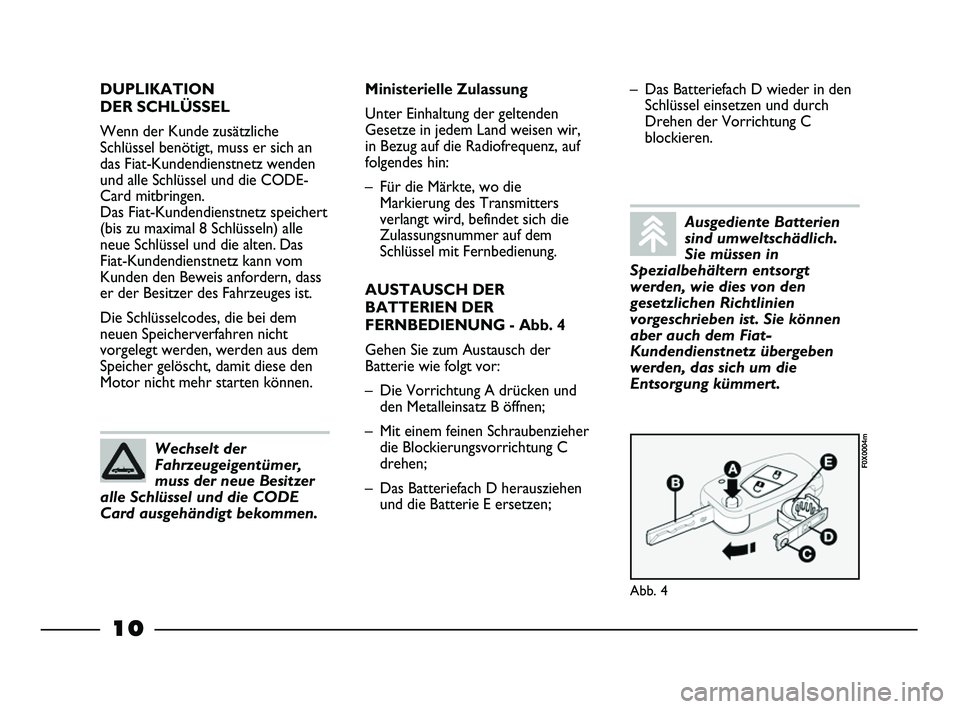 FIAT STRADA 2013 Betriebsanleitung (in German) 10
DUPLIKATION
DER SCHLÜSSEL
Wenn der Kunde zusätzliche
Schlüssel benötigt, muss er sich an
das Fiat-Kundendienstnetz wenden
und alle Schlüssel und die CODE-
Card mitbringen.
Das Fiat-Kundendie FIAT STRADA 2013 Betriebsanleitung (in German) 10
DUPLIKATION
DER SCHLÜSSEL
Wenn der Kunde zusätzliche
Schlüssel benötigt, muss er sich an
das Fiat-Kundendienstnetz wenden
und alle Schlüssel und die CODE-
Card mitbringen.
Das Fiat-Kundendie