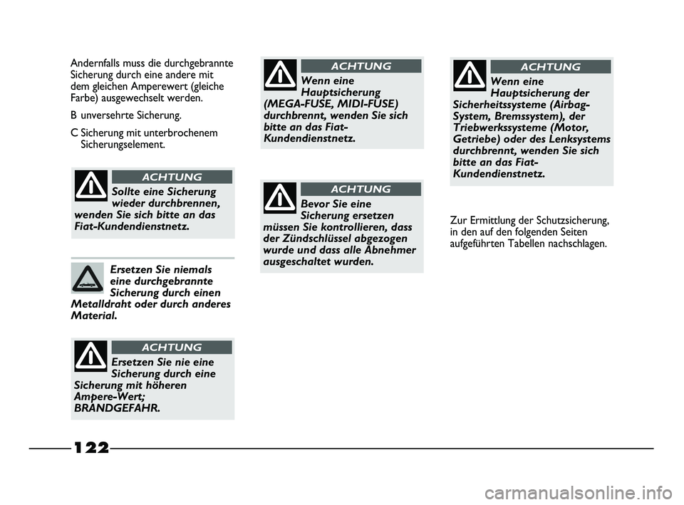 FIAT STRADA 2013  Betriebsanleitung (in German) 122
Wenn eine
Hauptsicherung
(MEGA-FUSE, MIDI-FUSE)
durchbrennt, wenden Sie sich
bitte an das Fiat-
Kundendienstnetz.
ACHTUNG
Bevor Sie eine
Sicherung ersetzen
müssen Sie kontrollieren, dass
der Zün
