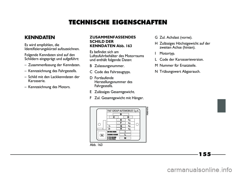 FIAT STRADA 2013  Betriebsanleitung (in German) TECHNISCHE EIGENSCHAFTEN
  KENNDATEN
Es wird empfohlen, die
Identifizierungskürzel aufzuzeichnen. 
Folgende Kenndaten sind auf den
Schildern eingeprägt und aufgeführt:
–  Zusammenfassung der Kenn