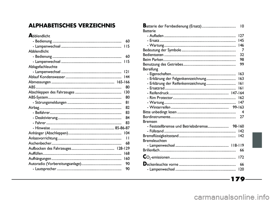 FIAT STRADA 2013 Betriebsanleitung (in German) 179
ALPHABETISCHES VERZEICHNIS
Abblendlicht
- Bedienung ...............................................................................60
- Lampenwechsel............................................... FIAT STRADA 2013 Betriebsanleitung (in German) 179
ALPHABETISCHES VERZEICHNIS
Abblendlicht
- Bedienung ...............................................................................60
- Lampenwechsel...............................................