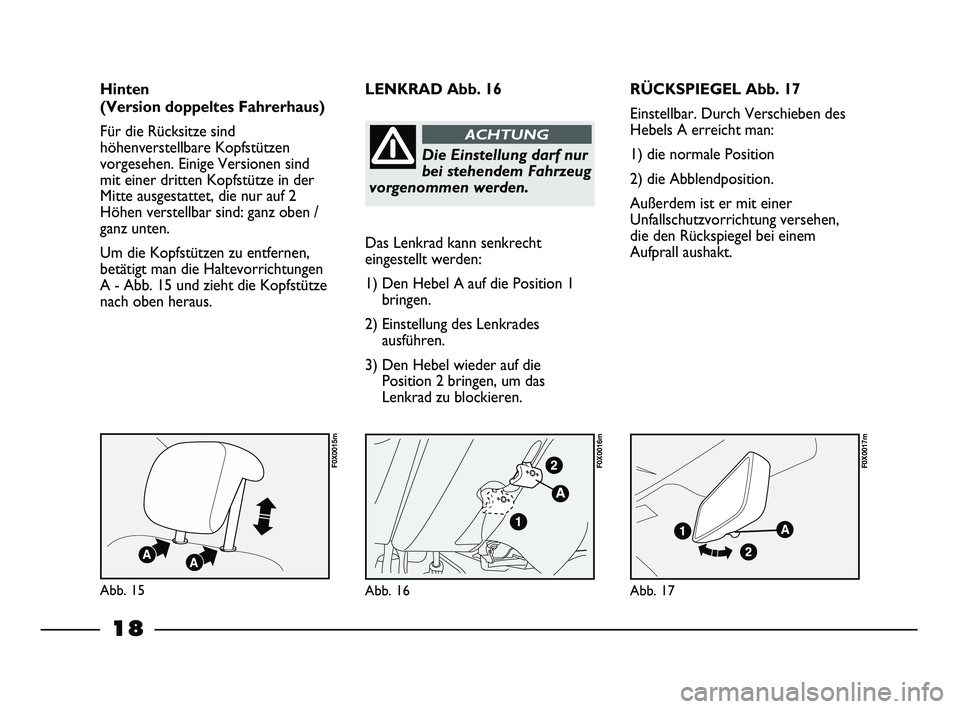 FIAT STRADA 2013 Betriebsanleitung (in German) 18
RÜCKSPIEGEL Abb. 17
Einstellbar. Durch Verschieben des
Hebels A erreicht man:
1) die normale Position
2) die Abblendposition.
Außerdem ist er mit einer
Unfallschutzvorrichtung versehen,
die den R FIAT STRADA 2013 Betriebsanleitung (in German) 18
RÜCKSPIEGEL Abb. 17
Einstellbar. Durch Verschieben des
Hebels A erreicht man:
1) die normale Position
2) die Abblendposition.
Außerdem ist er mit einer
Unfallschutzvorrichtung versehen,
die den R
