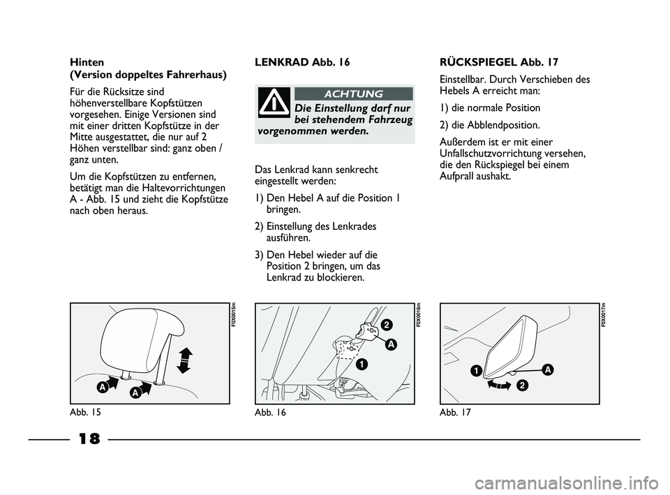 FIAT STRADA 2014  Betriebsanleitung (in German) 18
RÜCKSPIEGEL Abb. 17
Einstellbar. Durch Verschieben des
Hebels A erreicht man:
1) die normale Position
2) die Abblendposition.
Außerdem ist er mit einer
Unfallschutzvorrichtung versehen,
die den R