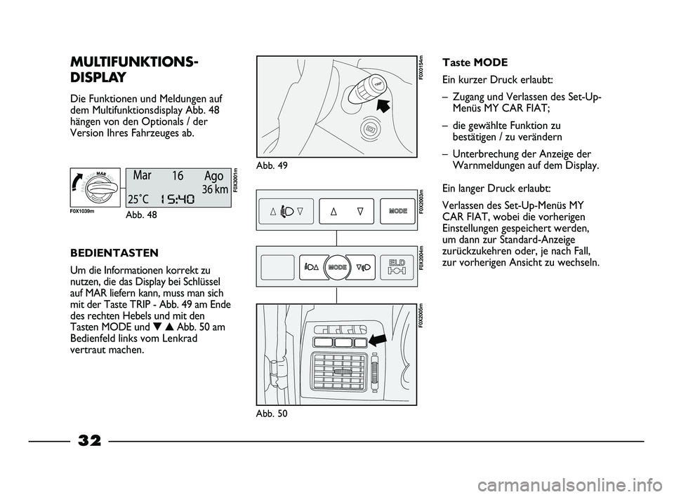 FIAT STRADA 2014  Betriebsanleitung (in German) 32
MULTIFUNKTIONS-
DISPLAY 
Die Funktionen und Meldungen auf
dem Multifunktionsdisplay Abb. 48
hängen von den Optionals / der
Version Ihres Fahrzeuges ab.
Abb. 49
F0X0154m
BEDIENTASTEN
Um die Informa