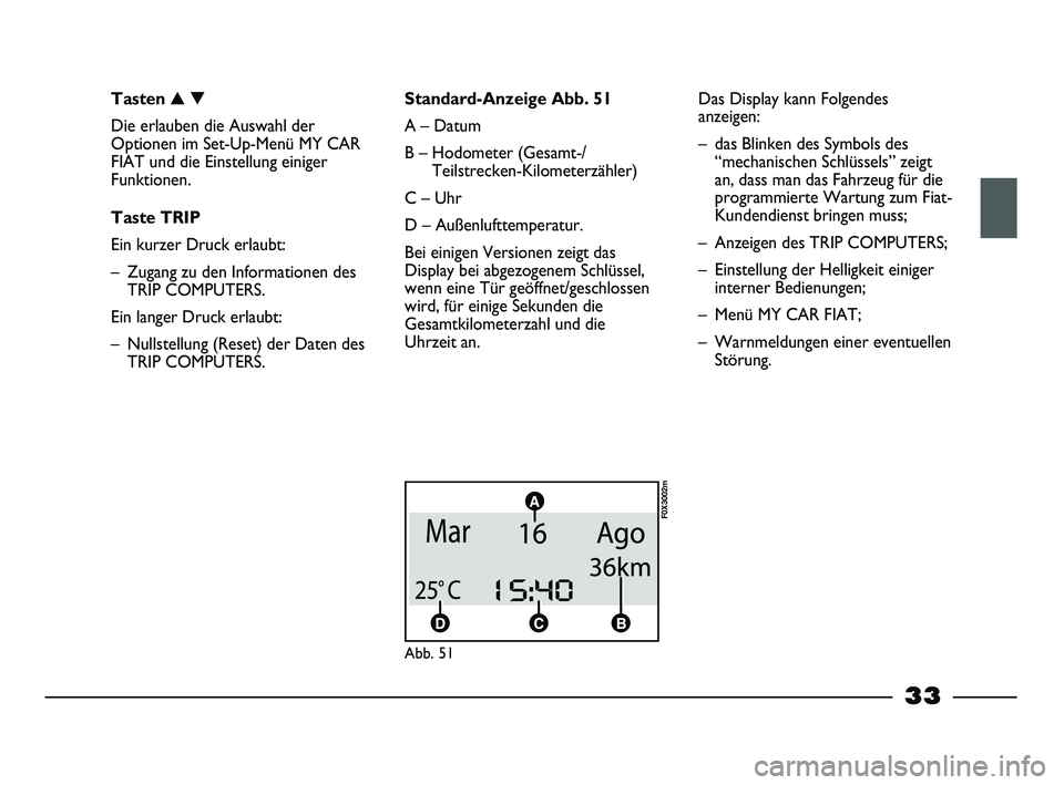 FIAT STRADA 2014  Betriebsanleitung (in German) 33
Tasten ▲▼
Die erlauben die Auswahl der
Optionen im Set-Up-Menü MY CAR
FIAT und die Einstellung einiger
Funktionen.
Taste TRIP
Ein kurzer Druck erlaubt:
– Zugang zu den Informationen des
TRIP