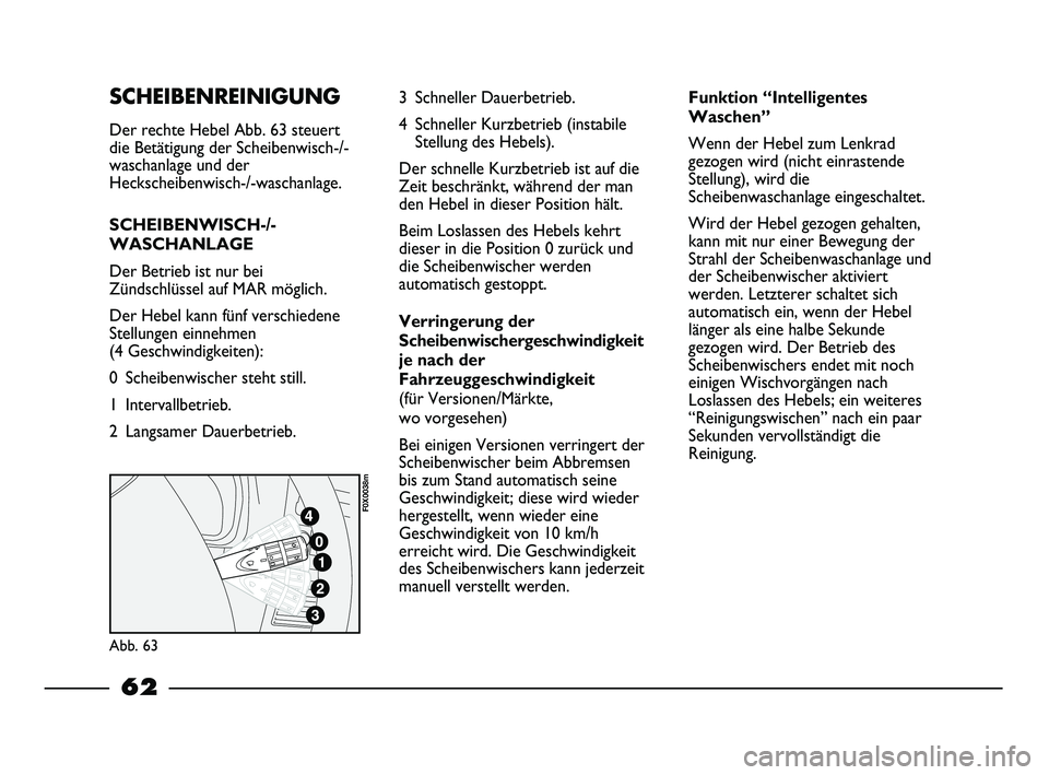 FIAT STRADA 2013 Betriebsanleitung (in German) SCHEIBENREINIGUNG
Der rechte Hebel Abb. 63 steuert
die Betätigung der Scheibenwisch-/-
waschanlage und der
Heckscheibenwisch-/-waschanlage.
SCHEIBENWISCH-/-
WASCHANLAGE
Der Betrieb ist nur bei
Zünds FIAT STRADA 2013 Betriebsanleitung (in German) SCHEIBENREINIGUNG
Der rechte Hebel Abb. 63 steuert
die Betätigung der Scheibenwisch-/-
waschanlage und der
Heckscheibenwisch-/-waschanlage.
SCHEIBENWISCH-/-
WASCHANLAGE
Der Betrieb ist nur bei
Zünds