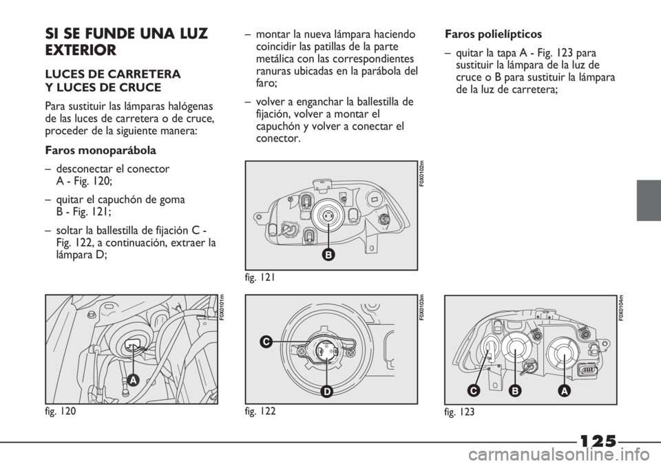 FIAT STRADA 2011  Manual de Empleo y Cuidado (in Spanish) 125
SI SE FUNDE UNA LUZ
EXTERIOR
LUCES DE CARRETERA 
Y LUCES DE CRUCE
Para sustituir las lámparas halógenas
de las luces de carretera o de cruce,
proceder de la siguiente manera:
Faros monoparábola