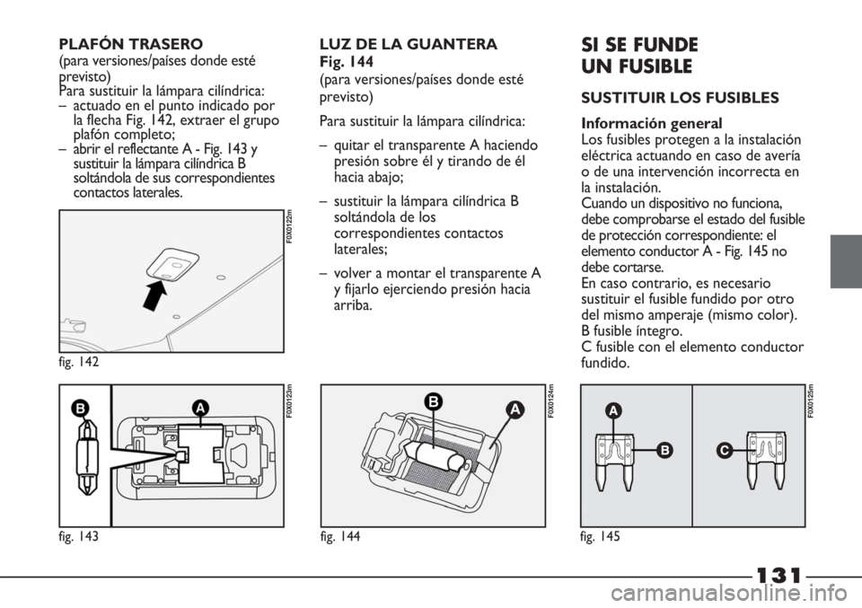 FIAT STRADA 2011  Manual de Empleo y Cuidado (in Spanish) 131
fig. 143
F0X0123m
fig. 142
F0X0122m
fig. 144
F0X0124m
fig. 145
F0X0125m
LUZ DE LA GUANTERA 
Fig. 144
(para versiones/países donde esté
previsto)
Para sustituir la lámpara cilíndrica:
– quita