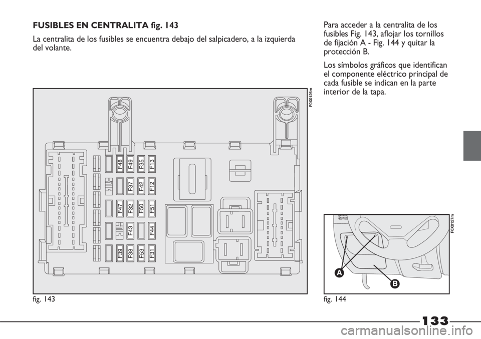 FIAT STRADA 2011  Manual de Empleo y Cuidado (in Spanish) 133
Para acceder a la centralita de los
fusibles Fig. 143, aflojar los tornillos
de fijación A - Fig. 144 y quitar la
protección B. 
Los símbolos gráficos que identifican
el componente eléctrico 