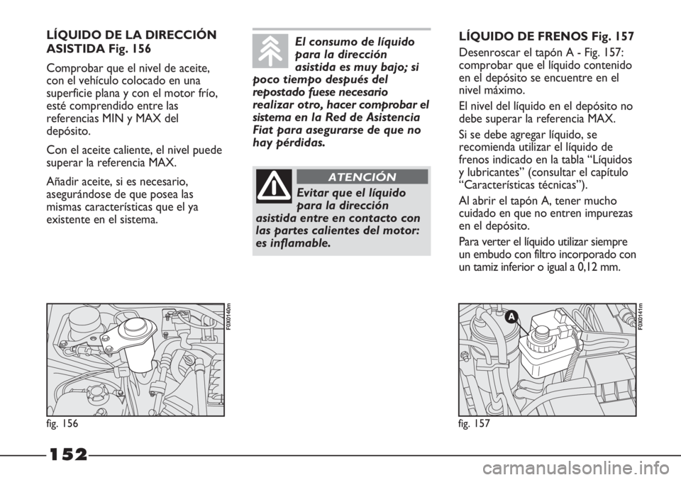 FIAT STRADA 2011  Manual de Empleo y Cuidado (in Spanish) 152
LÍQUIDO DE LA DIRECCIÓN
ASISTIDA Fig. 156
Comprobar que el nivel de aceite,
con el vehículo colocado en una
superficie plana y con el motor frío,
esté comprendido entre las
referencias MIN y 