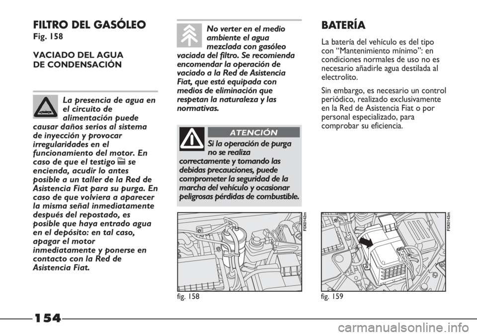 FIAT STRADA 2011  Manual de Empleo y Cuidado (in Spanish) 154
FILTRO DEL GASÓLEO 
Fig. 158
VACIADO DEL AGUA 
DE CONDENSACIÓN
fig. 158
F0X0142m
fig. 159
F0X0143m
BATERÍA
La batería del vehículo es del tipo
con “Mantenimiento mínimo”: en
condiciones 
