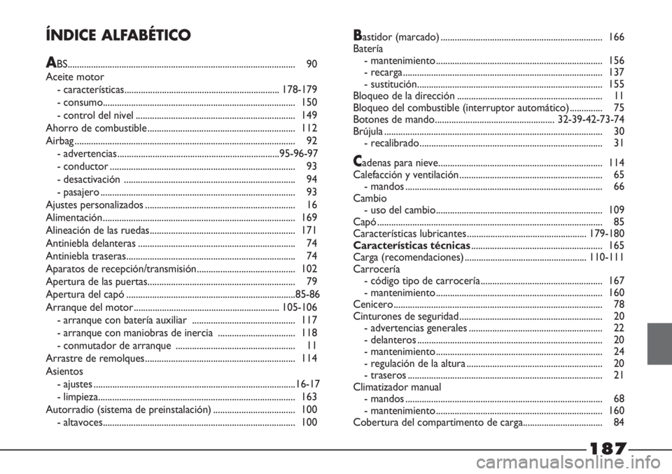 FIAT STRADA 2011  Manual de Empleo y Cuidado (in Spanish) 187
ÍNDICE ALFABÉTICO
ABS................................................................................................. 90
Aceite motor
- características.........................................