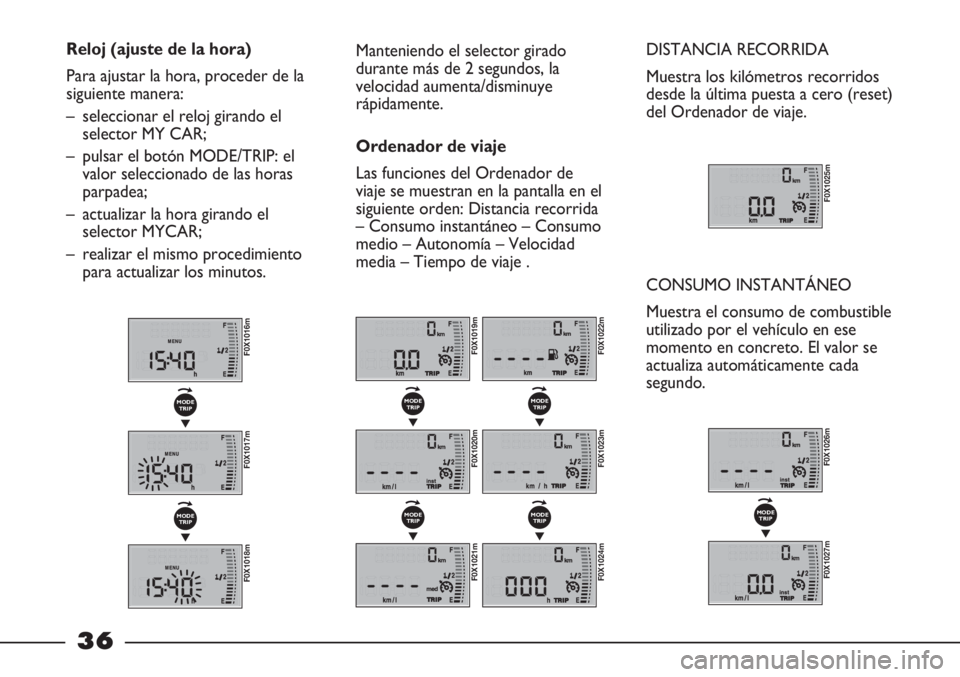FIAT STRADA 2011 Manual de Empleo y Cuidado (in Spanish) 36
Reloj (ajuste de la hora)
Para ajustar la hora, proceder de la
siguiente manera:
– seleccionar el reloj girando el
selector MY CAR;
– pulsar el botón MODE/TRIP: el
valor seleccionado de las ho FIAT STRADA 2011 Manual de Empleo y Cuidado (in Spanish) 36
Reloj (ajuste de la hora)
Para ajustar la hora, proceder de la
siguiente manera:
– seleccionar el reloj girando el
selector MY CAR;
– pulsar el botón MODE/TRIP: el
valor seleccionado de las ho