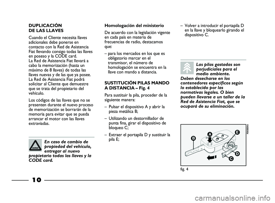 FIAT STRADA 2013  Manual de Empleo y Cuidado (in Spanish) 10
DUPLICACIÓN 
DE LAS LLAVES
Cuando el Cliente necesita llaves
adicionales debe ponerse en
contacto con la Red de Asistencia
Fiat llevando consigo todas las llaves
en poseso y la CODE card. 
La Red 