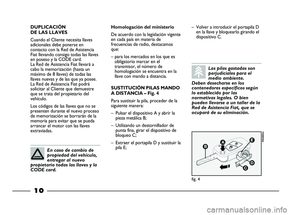 FIAT STRADA 2014 Manual de Empleo y Cuidado (in Spanish) 10
DUPLICACIÓN
DE LAS LLAVES
Cuando el Cliente necesita llaves
adicionales debe ponerse en
contacto con la Red de Asistencia
Fiat llevando consigo todas las llaves
en poseso y la CODE card.
La Red FIAT STRADA 2014 Manual de Empleo y Cuidado (in Spanish) 10
DUPLICACIÓN
DE LAS LLAVES
Cuando el Cliente necesita llaves
adicionales debe ponerse en
contacto con la Red de Asistencia
Fiat llevando consigo todas las llaves
en poseso y la CODE card.
La Red