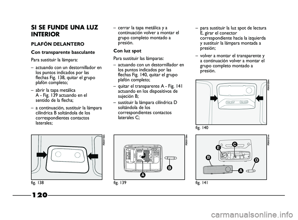 FIAT STRADA 2014  Manual de Empleo y Cuidado (in Spanish) 120
SI SE FUNDE UNA LUZ
INTERIOR
PLAFÓN DELANTERO  
Con transparente basculante
Para sustituir la lámpara:
– actuando con un destornillador en
los puntos indicados por las
flechas Fig. 138, quitar