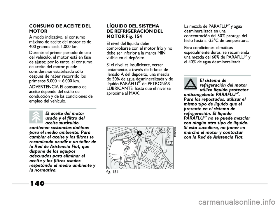 FIAT STRADA 2014  Manual de Empleo y Cuidado (in Spanish) 140
La mezcla de PARAFLUUPy agua
desmineralizada en una
concentración del 50% protege del
hielo hasta a -35°C de temperatura.
Para condiciones climáticas
especialmente duras, se recomienda
una mezc