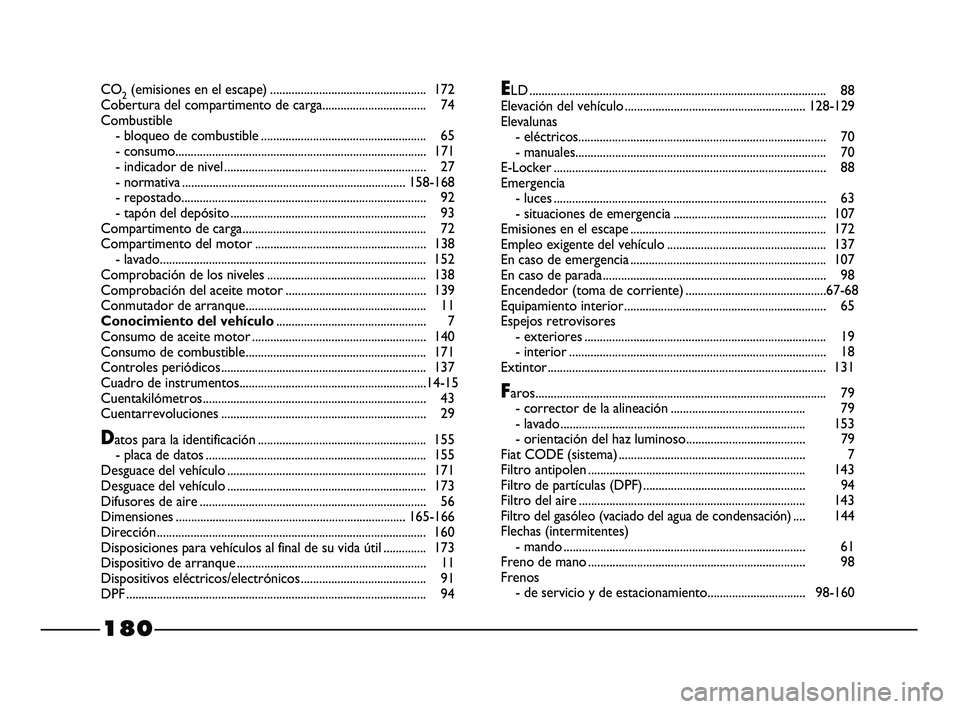 FIAT STRADA 2015  Manual de Empleo y Cuidado (in Spanish) CO2(emisiones en el escape) ................................................... 172
Cobertura del compartimento de carga.................................. 74
Combustible
- bloqueo de combustible......