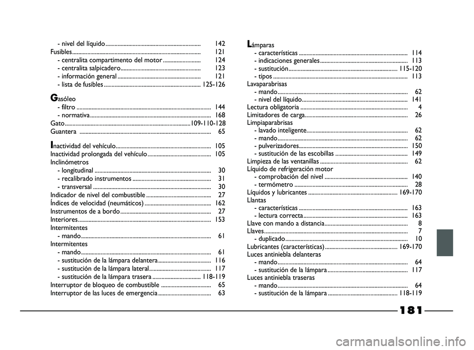 FIAT STRADA 2014 Manual de Empleo y Cuidado (in Spanish) - nivel del líquido............................................................... 142
Fusibles..................................................................................... 121
- centralita c FIAT STRADA 2014 Manual de Empleo y Cuidado (in Spanish) - nivel del líquido............................................................... 142
Fusibles..................................................................................... 121
- centralita c
